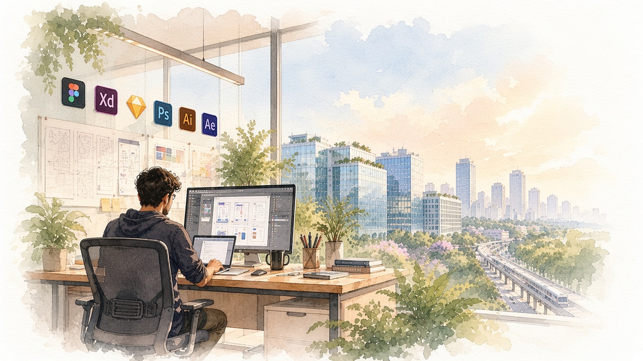Watercolour of a designer at a desk overlooking a city highway, the GoProtoz scene