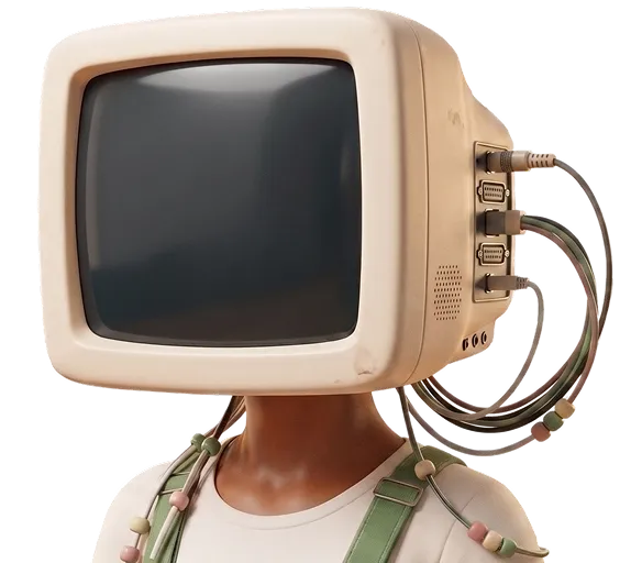 Mini, a character with a CRT monitor head, seen from behind at the bottom edge of the screen